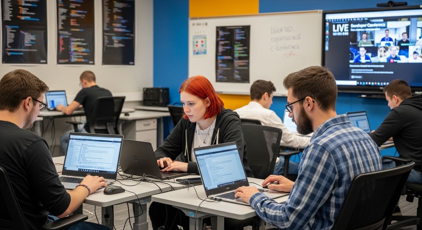 Jóvenes programando en aula tecnológica