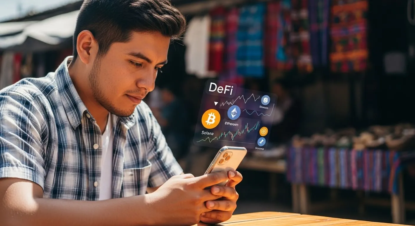 Joven guatemalteco usando su teléfono móvil para realizar una transacción DeFi, con gráficos digitales de criptomonedas en la pantalla.