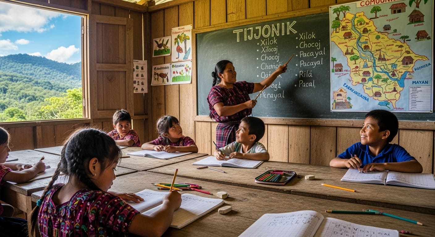 Niños en un aula rural aprendiendo a escribir los nombres de sus comunidades en idioma maya.