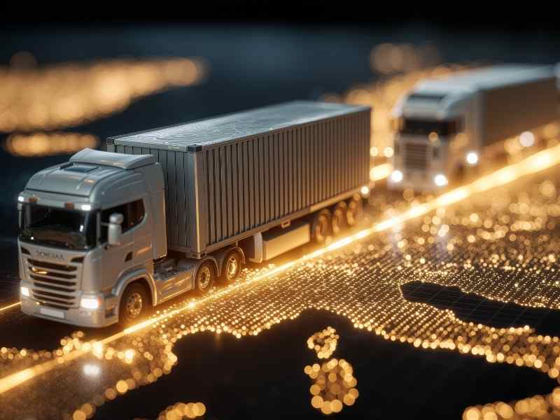 Camiones de carga avanzando sobre un mapa digital iluminado, ilustrando el uso de tecnología para una logística de bajas emisiones en la región.
