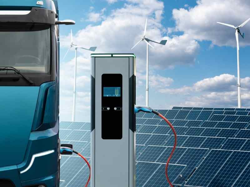 Camión de carga conectado a estación de carga frente a paneles solares y aerogeneradores, simbolizando logística de bajas emisiones impulsada por energía renovable.