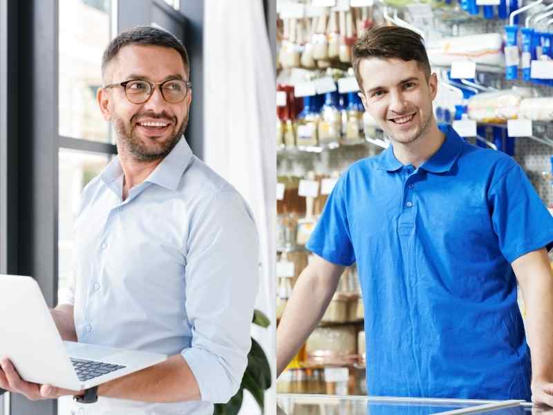 Comparación de un joven en oficina con laptop y otro en comercio minorista, ilustrando diferentes trayectorias entre empleo formal e informal.