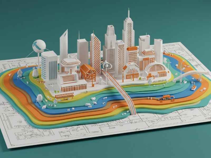 Planeación urbana sostenible en una ciudad latinoamericana, representando gobernanza y desarrollo urbano responsable.