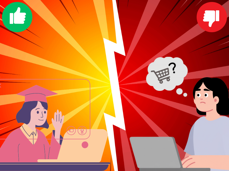 un comparativo de una persona gastando su dinero en educación en línea vs una persona comprando en línea cualquier cosa
