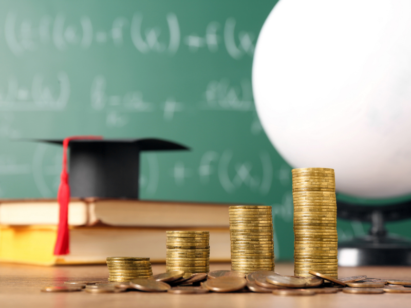 Pilas de monedas de oro creciendo junto a un birrete sobre libros de texto, simbolizando el retorno de inversión de una beca educativa.