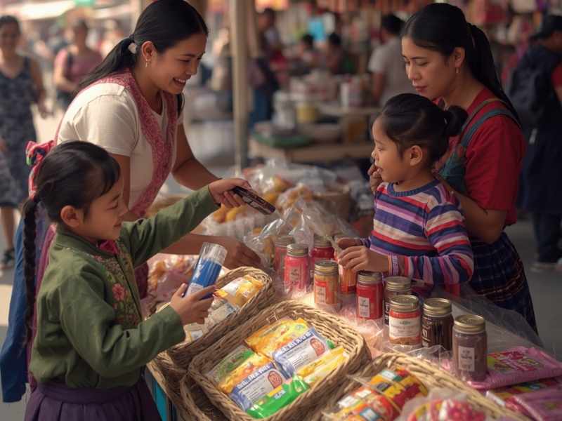 Familia compartiendo productos asociados con marcas guatemaltecas y hábitos tradicionales.