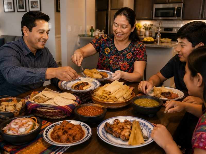 Familia compartiendo comida guatemalteca fuera de su país de origen.