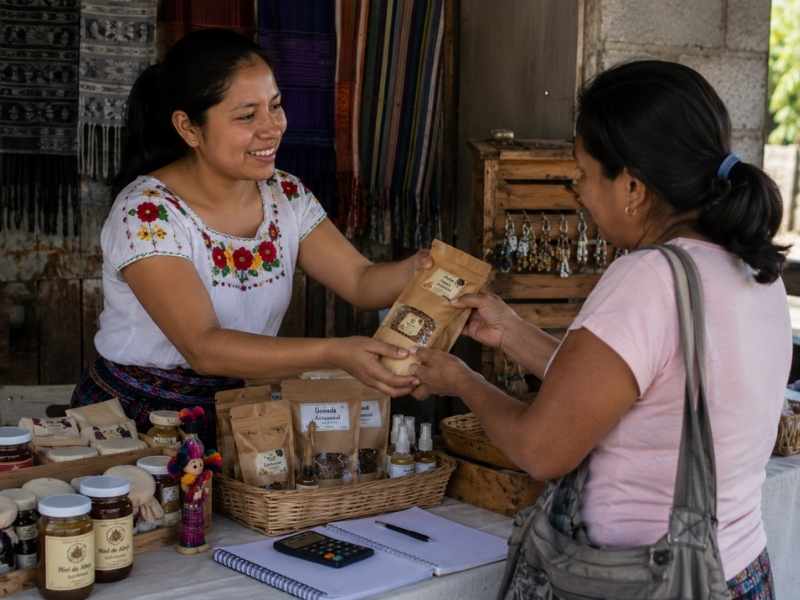 Persona comprando productos locales a una emprendedora guatemalteca.