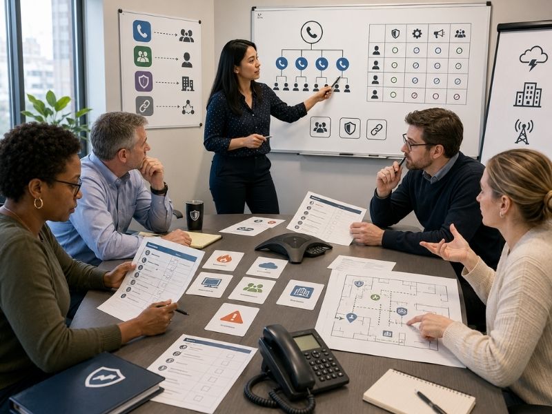 Equipo realizando un ejercicio de preparación empresarial para comprobar contactos, responsabilidades y procedimientos de respuesta.