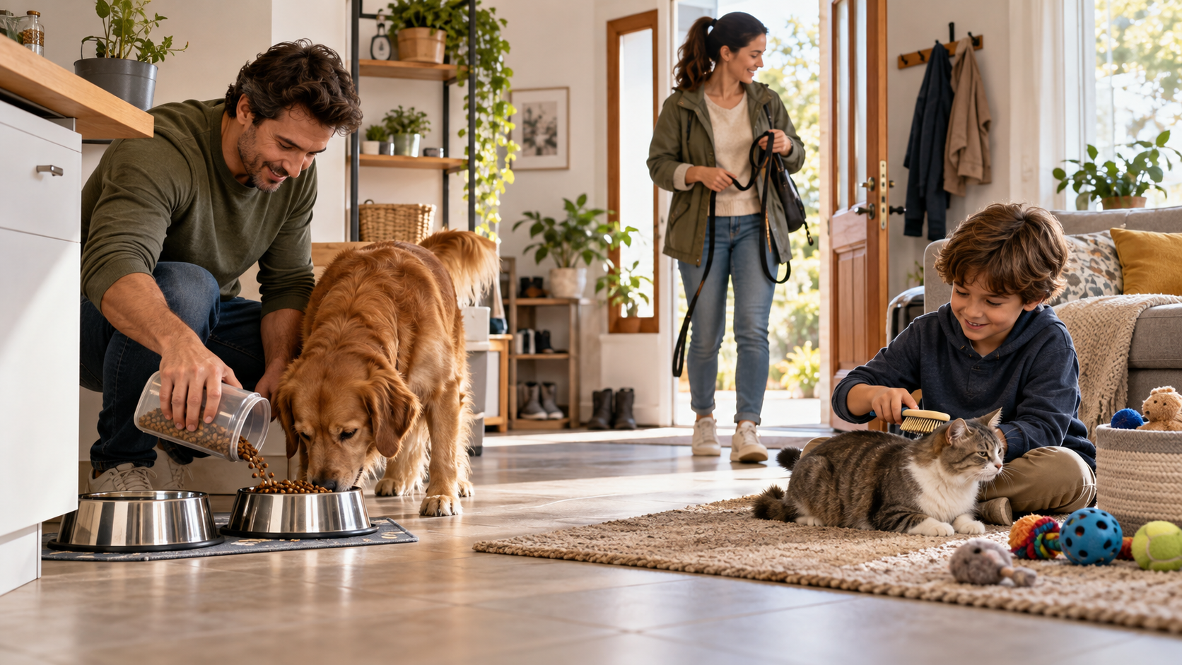 Familia conviviendo con sus mascotas en casa, mientras preparan el paseo de su perro, alimentan a sus animales y comparten momentos de afecto.