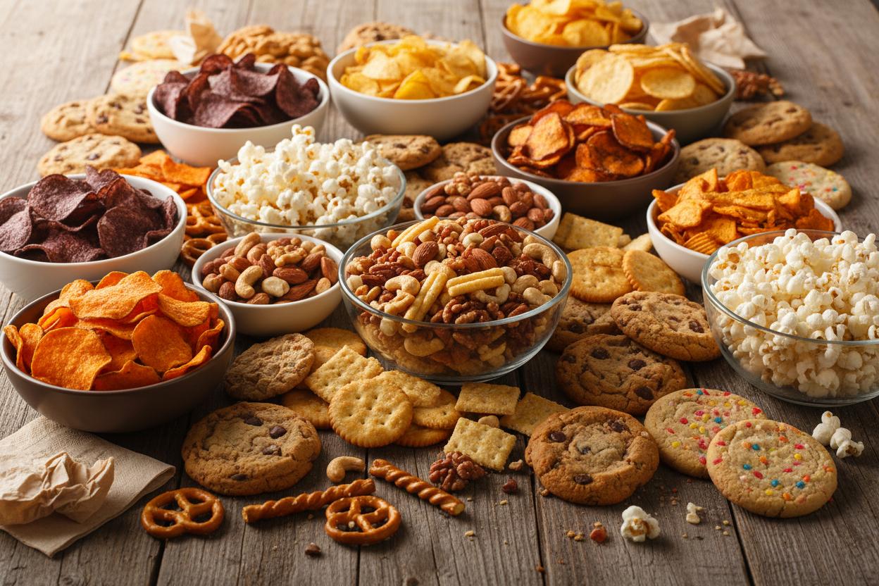Variedad de snacks dulces y salados, incluyendo papas fritas, galletas, frutos secos y otros bocadillos organizados sobre una mesa.