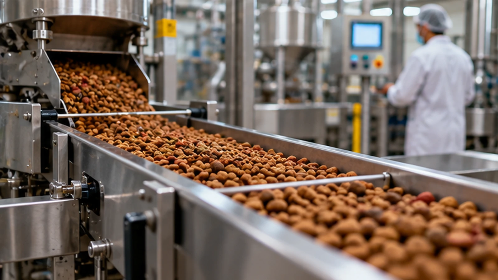 Línea industrial de producción de croquetas para mascotas, con maquinaria de acero inoxidable y personal supervisando el proceso de la industria de alimentos para mascotas.