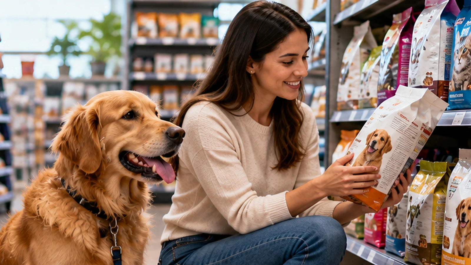 Mujer comparando alimentos para perros en una tienda especializada, acompañada de su mascota, en el mercado de alimentos para mascotas.