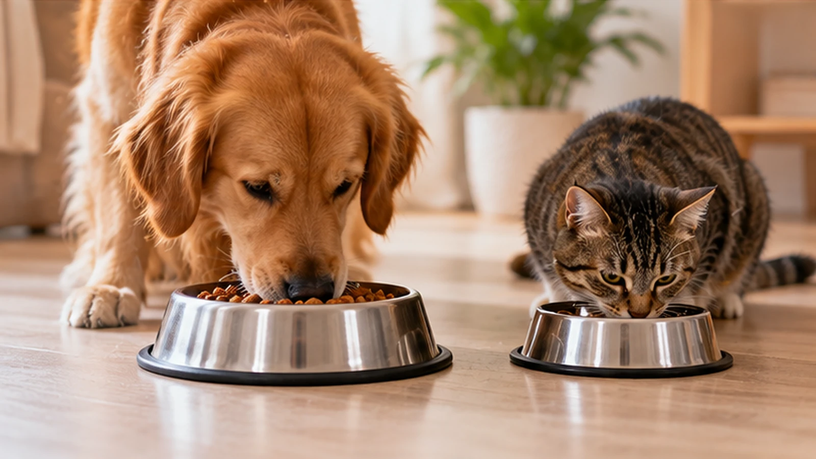 Perro golden retriever y gato atigrado comiendo croquetas en recipientes separados, ilustrando las necesidades alimentarias de diferentes especies.